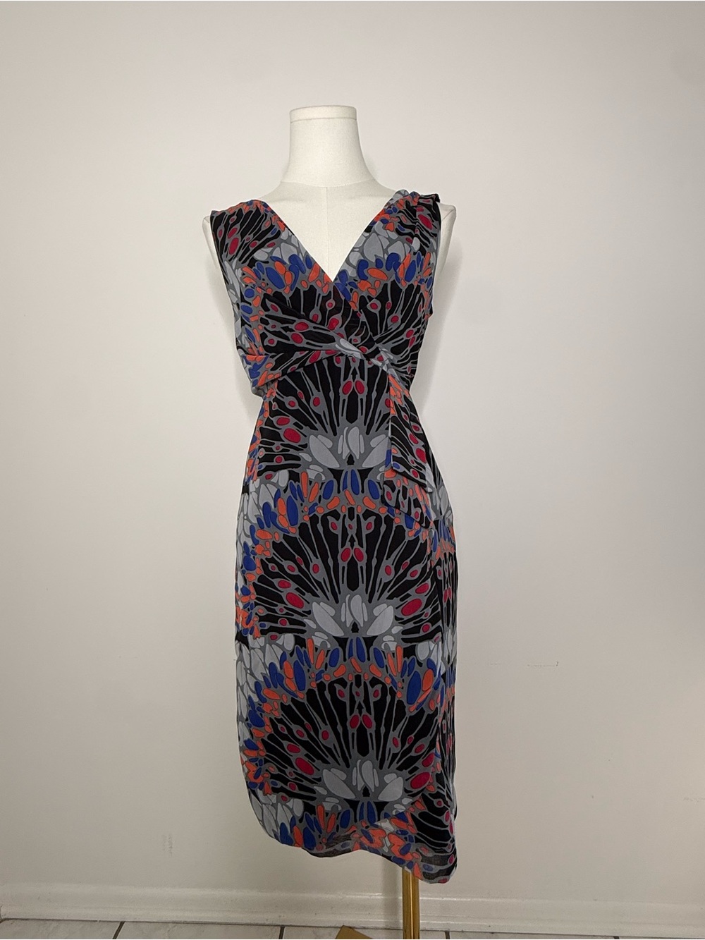 Banana Republic Black Multi-Color V-Neck Midi Dress